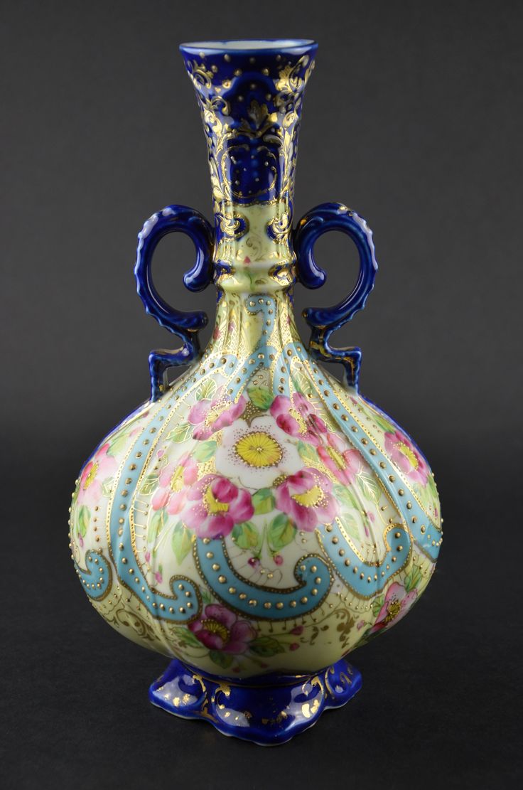 VISIT US! Antique Japanese Fine China Nippon Porcelain Vase Pink Cobalt Blue Flo...