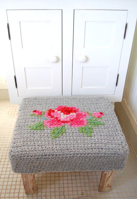 crochet and cross stitch stool makeover