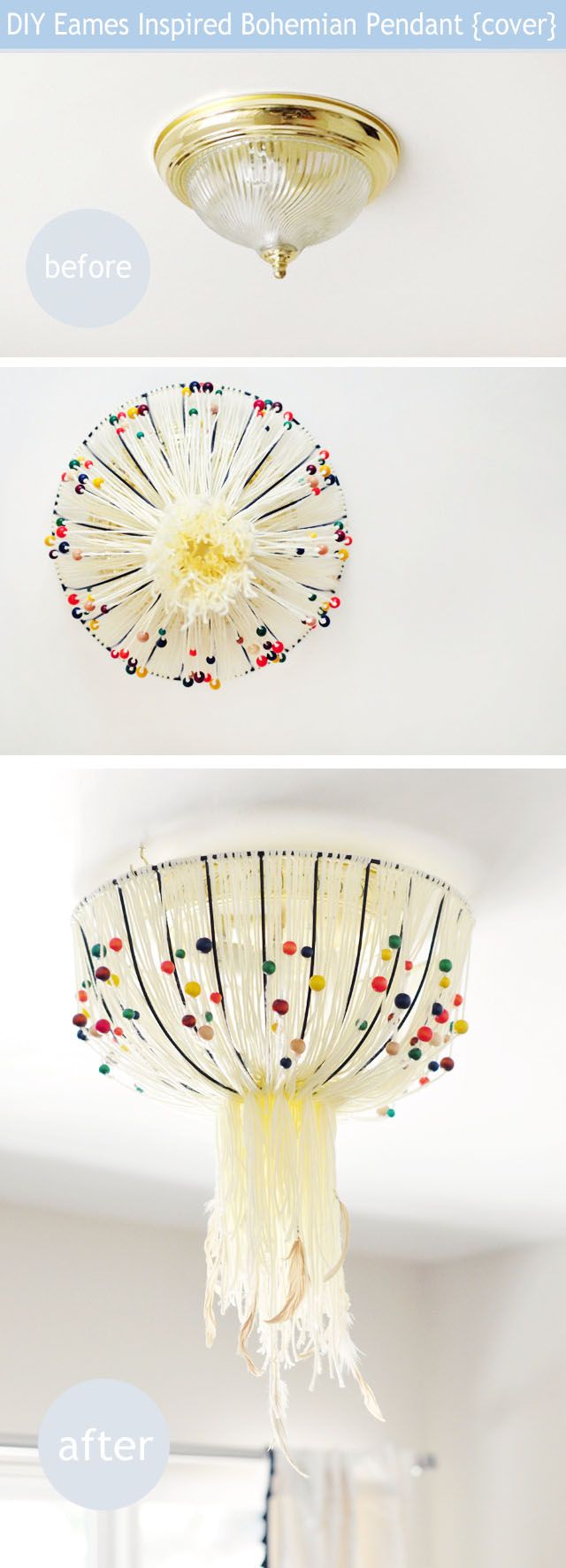 DIY Eames Inspired Bohemian Pendant Lamp {to cover old/ugly ceiling fixtures wit...