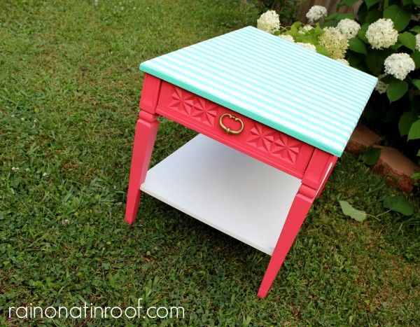 Green Striped and Pink Table Makeover {rainonatinroof.com} #furnituremakeover