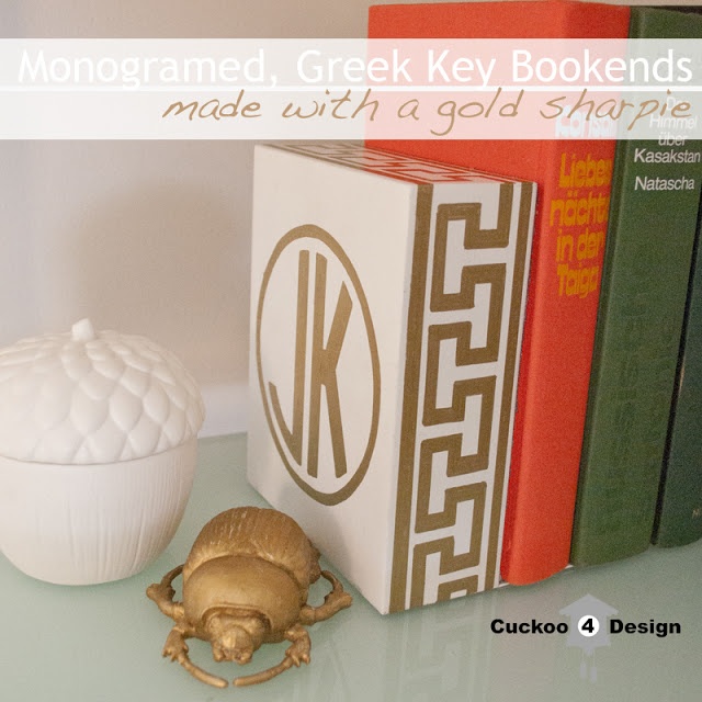 monogramed, greek key bookend with gold sharpie