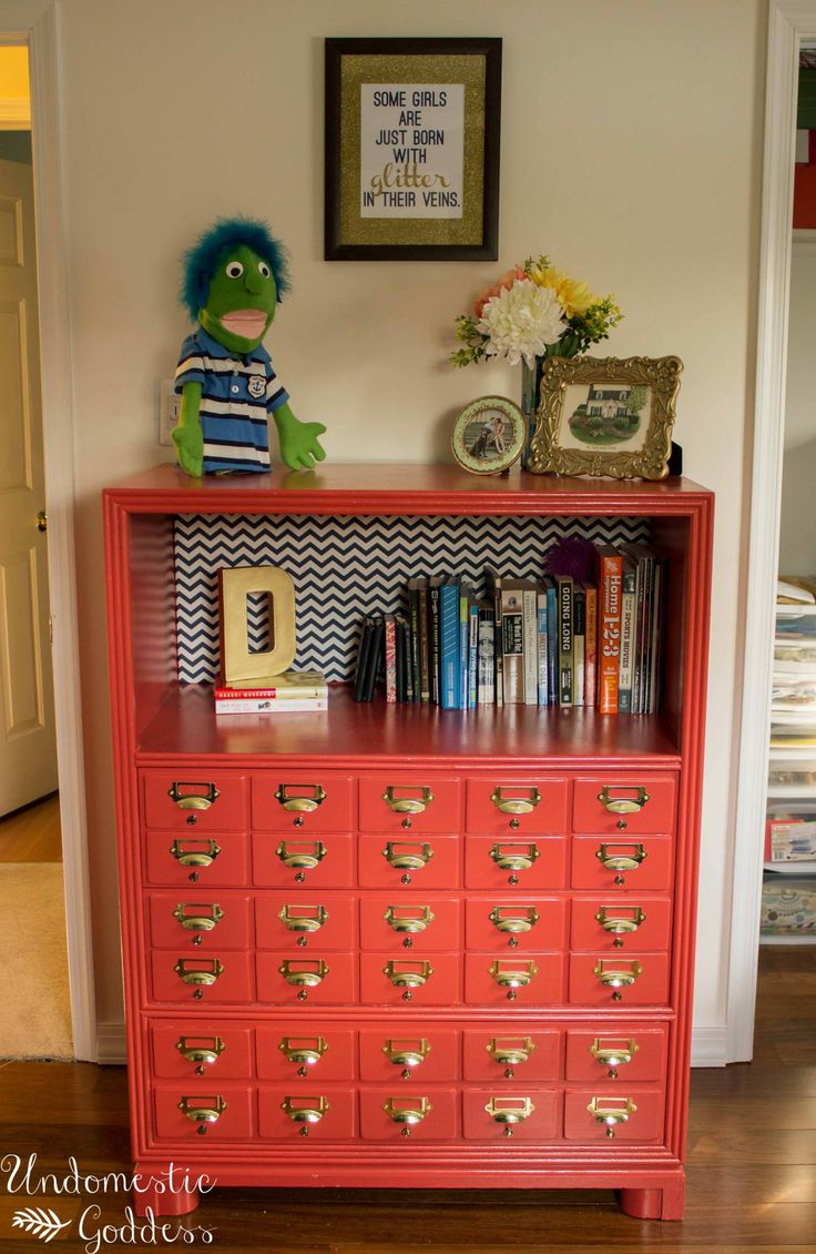 Turn a bookcase into a faux card catalog