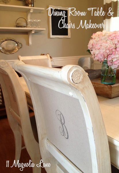 White Chalk Painted Dining Room Table & Monogrammed Chairs |