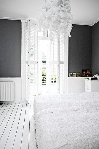 Dark grey wall and white, white, white. For the master bedroom.