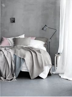 grey bedroom - love the addition of the pale pink