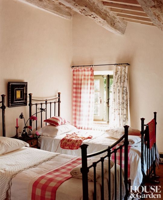 Room of the Day ~ vintage bed frames, black and white and red checks combine in ...