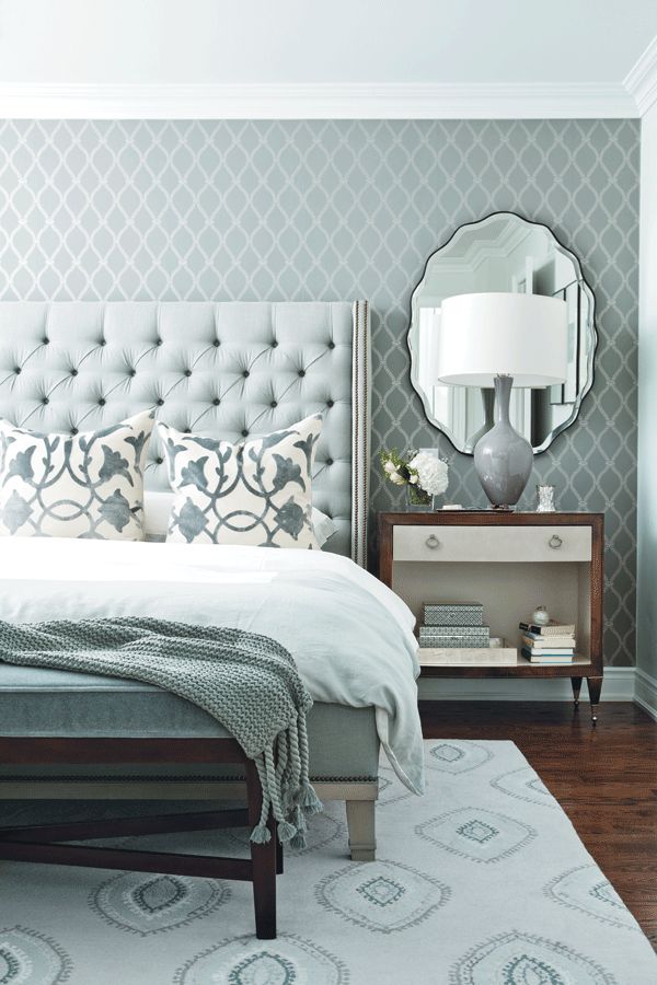 monochromatic bedroom grey and-white design tuft headboard