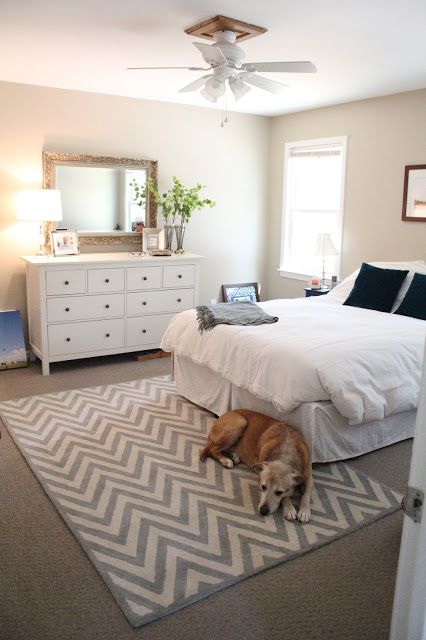 Ten June: Our Rental House: A Master Bedroom Tour (I like the rug placement -- i...