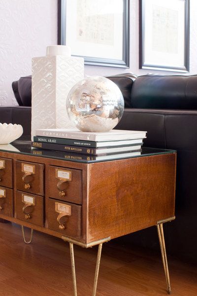 Library card file turned into console table with pin legs and mirror top | style...