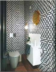 Powder room Vivienne Westwood squiggles wallpaper (Radford) Cosmic Compact basin...