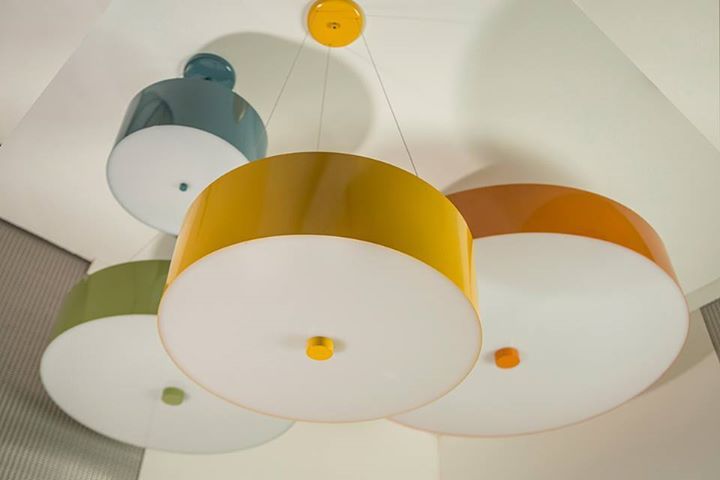 The fun Colored Metal Drum Pendants by Donovan Lighting Ltd. can be fabricated t...