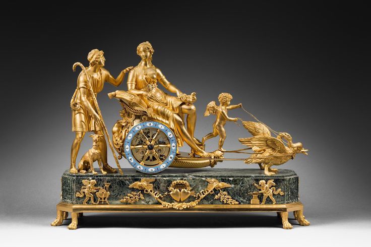 Rare Gilt Bronze and vert de mer Marble Mantel Clock “Venus’s Chariot Accomp...