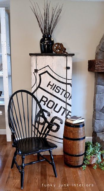 A cool Route 66 themed cupboard on a rustic storage cabinet via www.funkyjunkint...