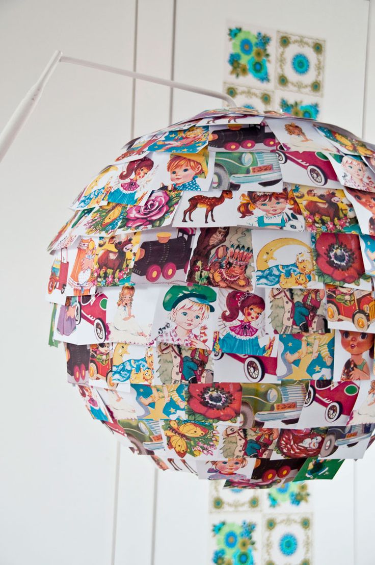 cover a paper lampshade with pictures from vintage kids books