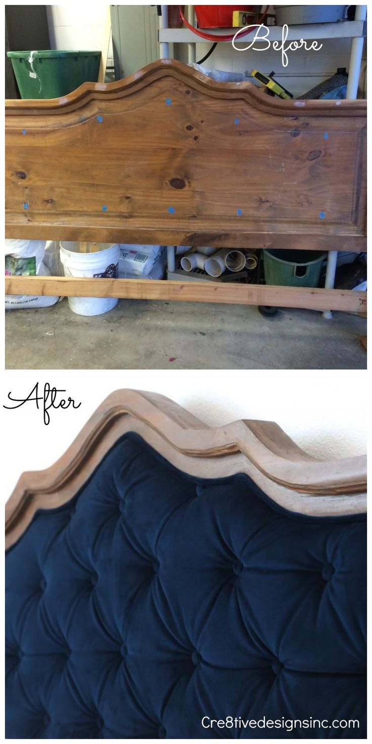 A DIY of how To take a thrifted headboard and added blue velvet tufting
