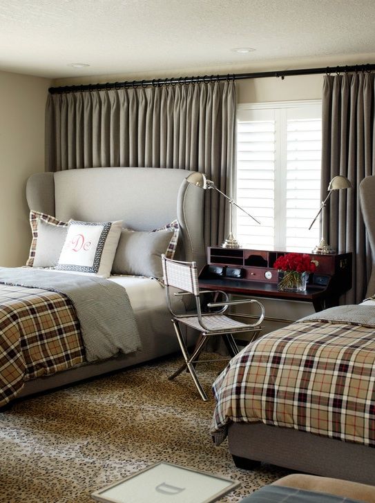 Combining plantation shutters with curtains...behind the bed