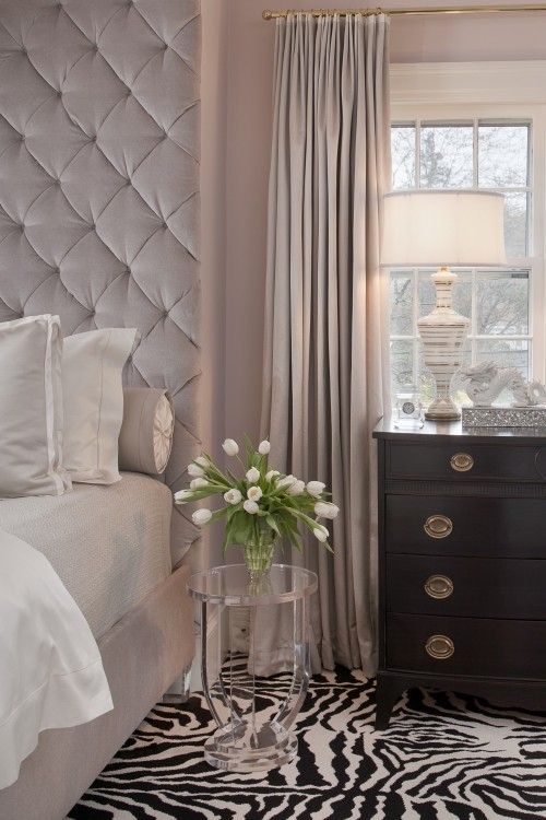 Gray bedroom by Creative Girl. Absolutely love the upholstered headboard.