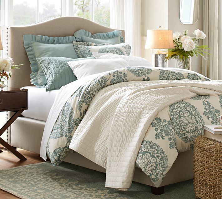Pottery Barn - Raleigh Upholstered Camelback Bed & Headboard with Nailhead