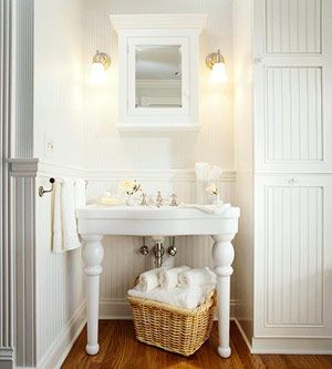 White Cottage bathroom | Free standing porcelain sink with legs, beadboard