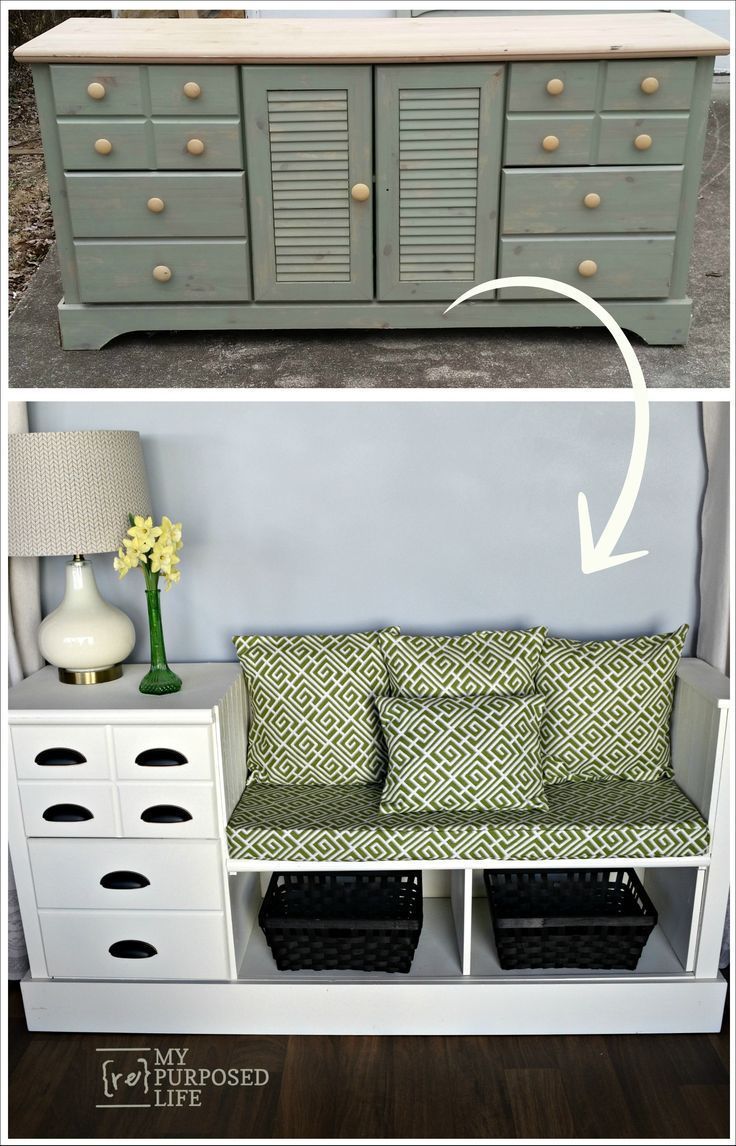 an old dresser upcycled with a fresh new look into a white storage bench for a k...