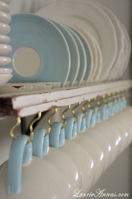 DIY shutter dish shelf~ Once they attached it to the wall, plates of all sizes s...