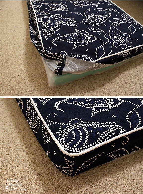 GREAT tutorial for bench cushion. And she uses shower curtains for fabric, which...