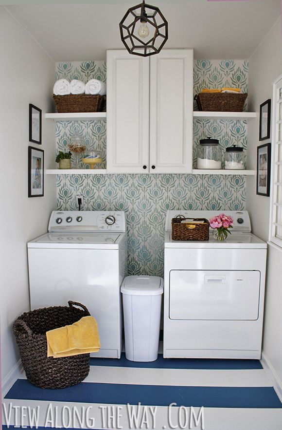 Updated laundry room on a TINY budget at www.viewalongthew.... Stenciled walls, ...