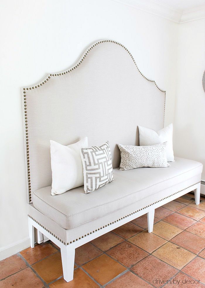 DIY upholstered kitchen banquette with nailhead trim - post includes full tutori...