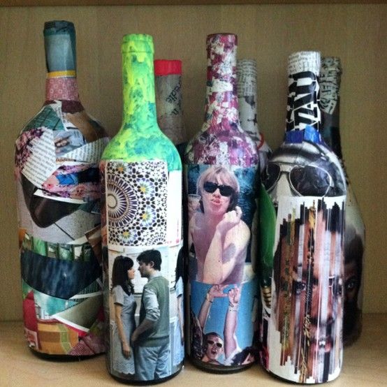 mod podge, old mags, wine bottles - great way to save wine bottle ffrom wedding ...