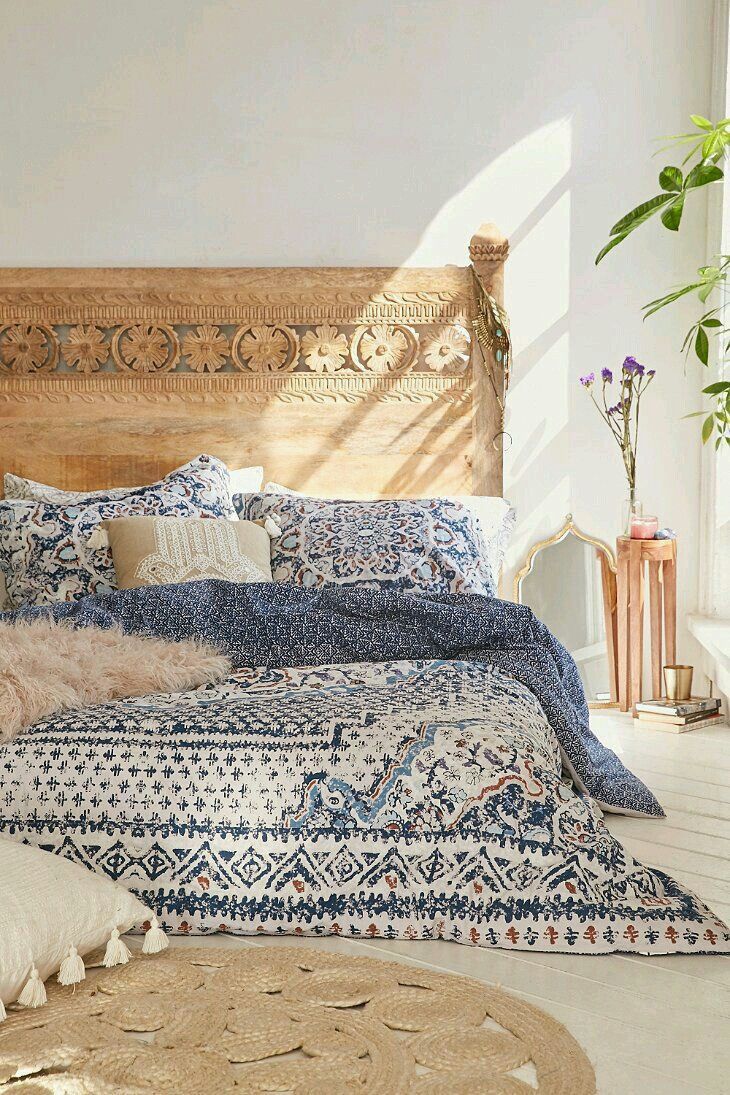 Boho blue and white bedroom