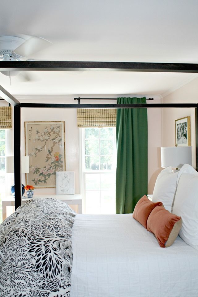 Green, IKEA, Curtains, blush, pink, walls, master, bedroom, bamboo shades, chino...