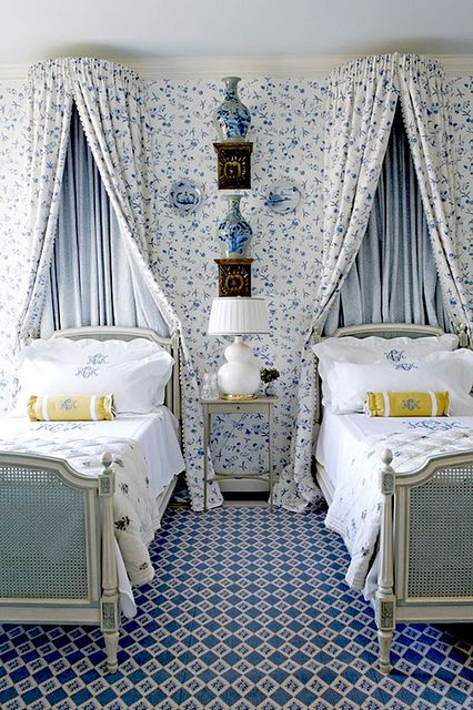 Guest bedroom in Dallas - gorgeous fabric, monograms, blue and white porcelain, ...