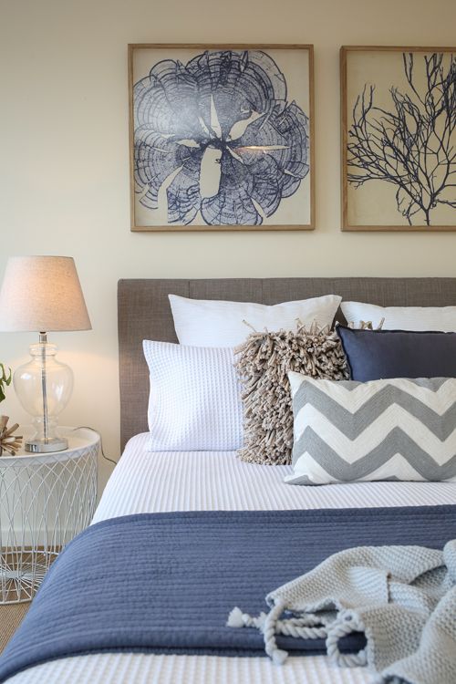 simple, lovely bedroom in blue, white and gray