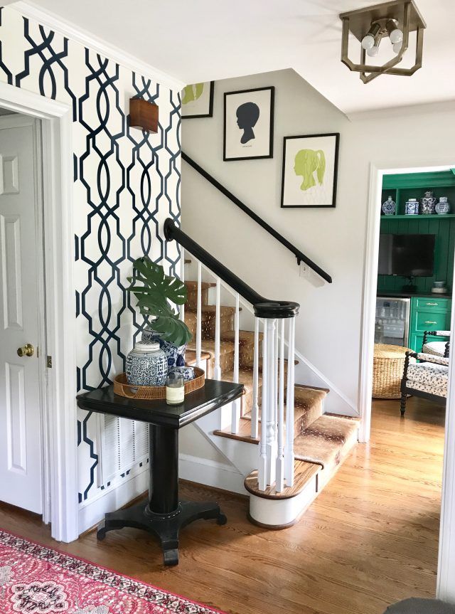 Our Antelope Stair Runner (Before & After), entryway, blue and white trellis wal...