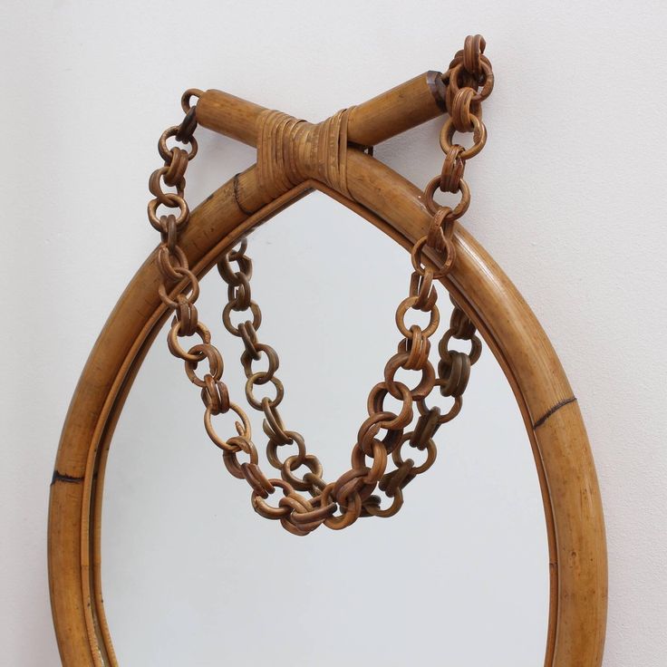 Italian 'Eye-Shaped' Style Bamboo and Rattan Mirror with Hanging Chain | From a ...