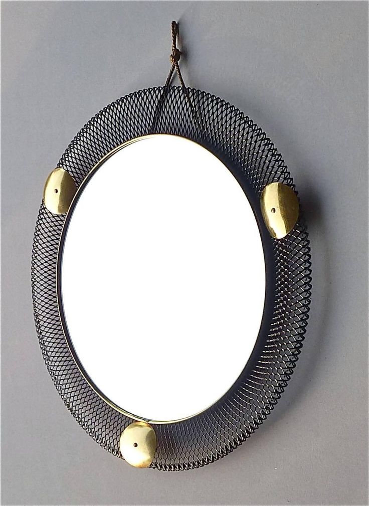 Round Black Midcentury Wall Mirror Brass Stretched Metal 1955 Mategot Biny Style...