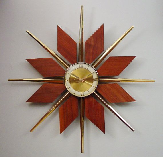 Mid-Century Modern Starburst Wall Clock. Teak Brass Sunburst 50s 60s Atomic Mod