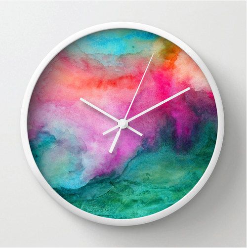 Watercolor wall clock, modern home decor, watercolor design clock, colorful abstract painting, artist designed green, pink, circular clock