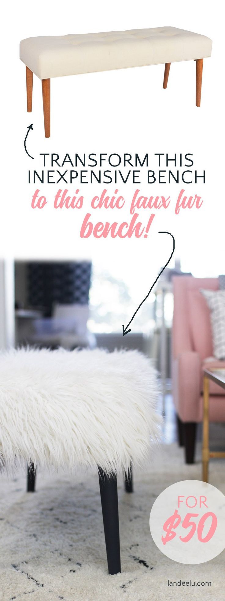 Easily transform an inexpensive upholstered bench into a chic faux fur bench wit...