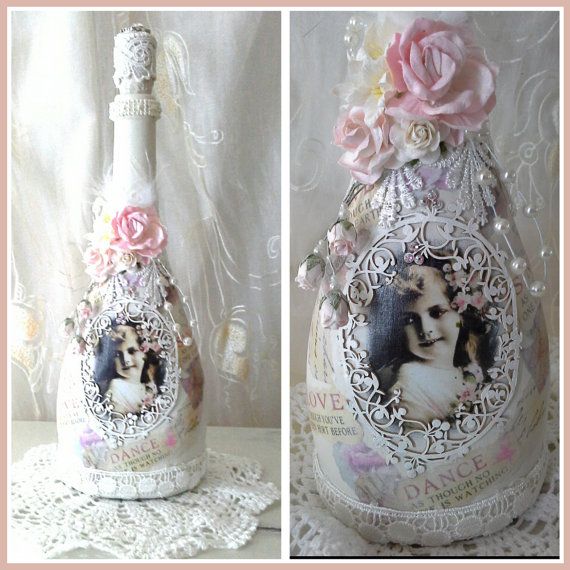 Shabby chic bottle, altered bottle, decorative bottle , decorated bottle , lacy bottle, vintage look bottle, decorative wine bottle,decor