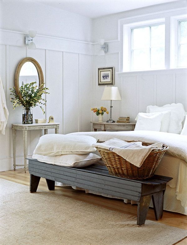 board and batten bedroom white on white.  I love the bench.