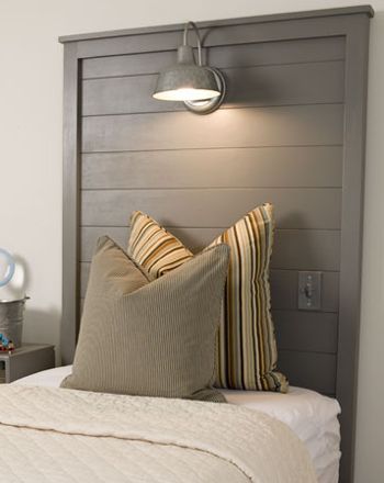♥ Love the headboard, industrial light, and the light switch built into the he...
