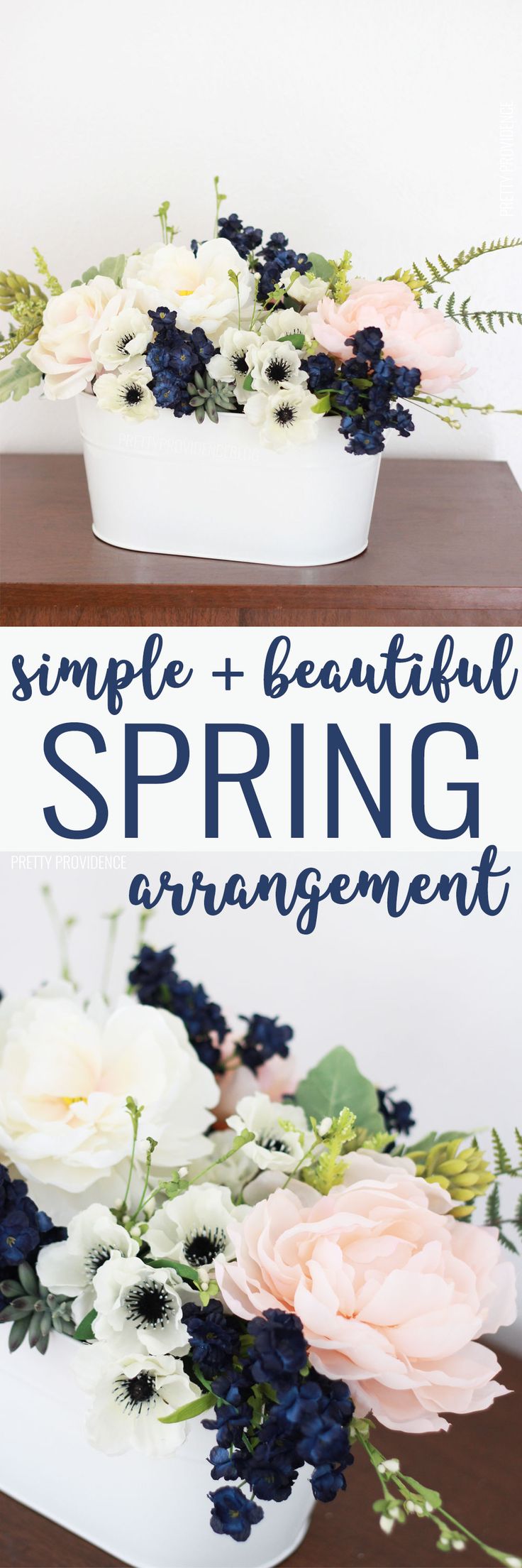 This easy flower arrangement is SO pretty! Perfect light pink and navy color com...