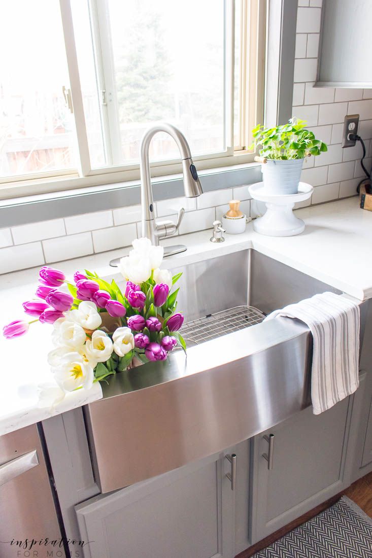 Kitchen and Dining Room Spring Tour Farmhouse Sink Grey Cabinets Subway Tile