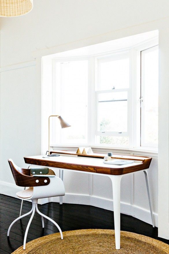 Modern white and walnut desk with coordinating side chair.