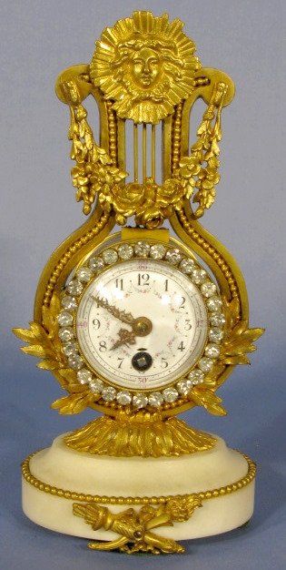 French Louis XVI Style Bronze & Marble Miniature Lyre Clock: made in the style o...