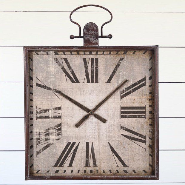 Square Wood and Metal Wall Clock