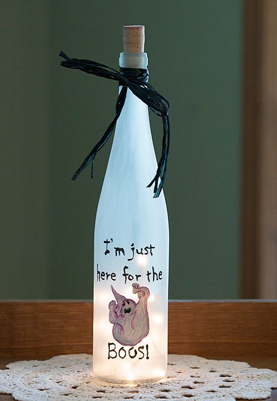 Halloween Wine Bottle Light - Ghost Boos - Hand Painted Halloween Decoration, Ha...