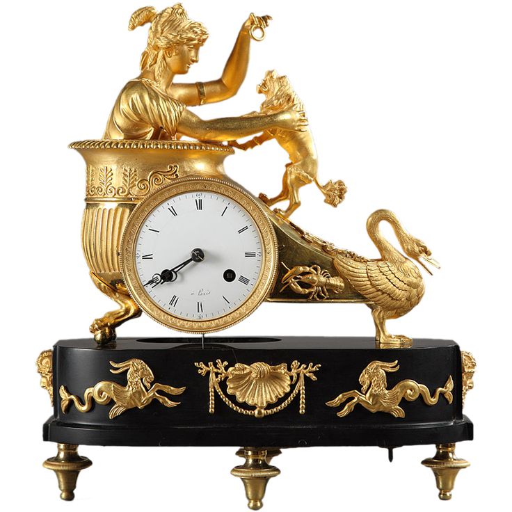 French Empire Mantel Clock In Ormolu And Black Marble Base