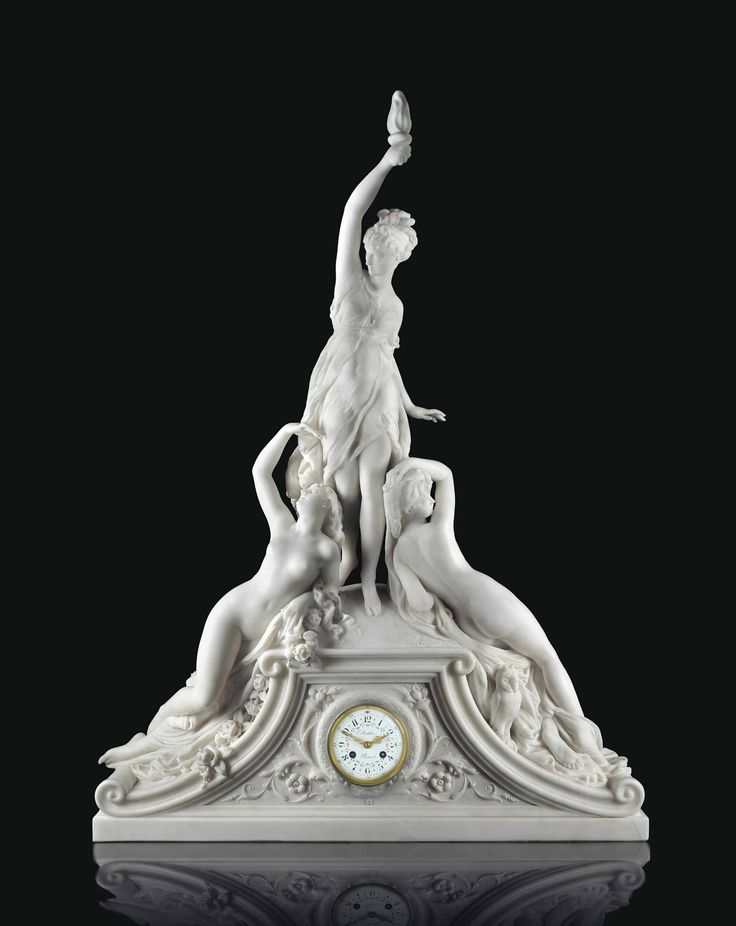 date unspecified A FRENCH WHITE MARBLE FIGURAL MANTEL CLOCK TITLED 'LES TROI...
